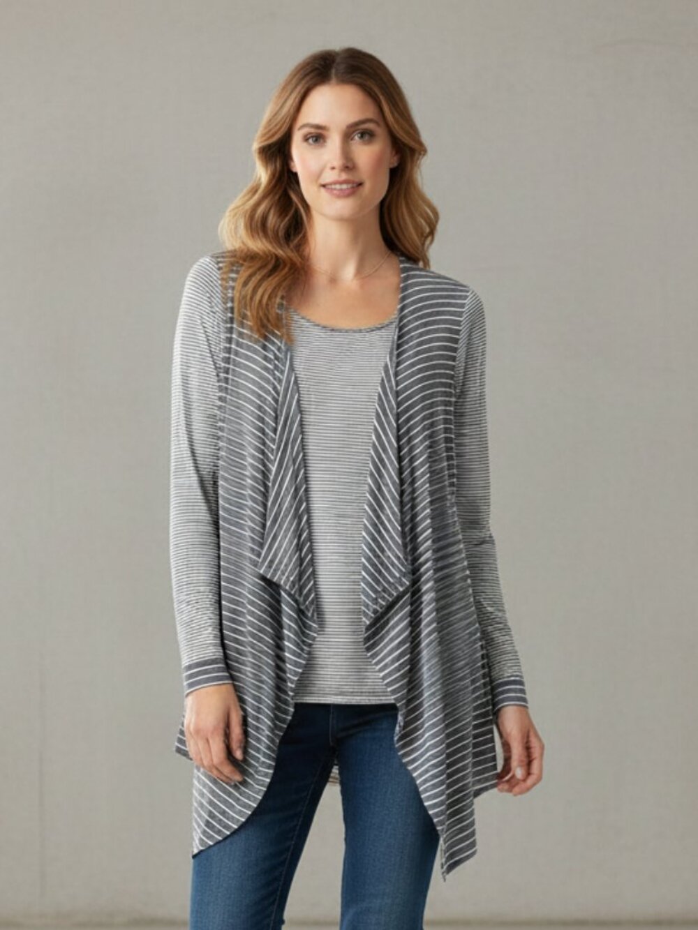UBU Kimono Jacket Top S Gray Striped Knit Draped Boho Chic Stretch Coastal Comfy